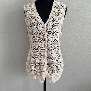 Vintage My Medium Crochet Top Vest Open Knit Boho Floral Design Scallop Buttons